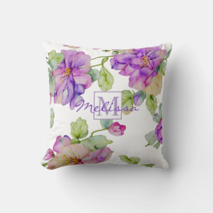 Elegant pink purple watercolor floral monogram cushion