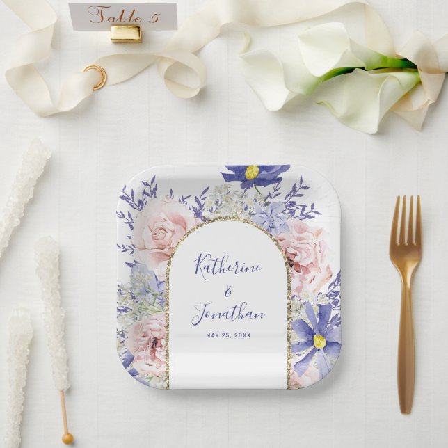 Elegant Pink Purple Watercolor Floral Wedding Paper Plate (Wedding)