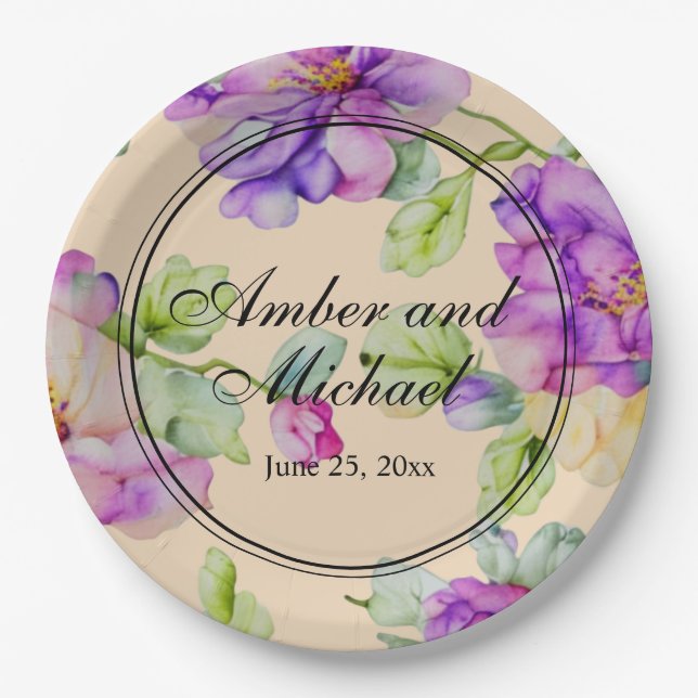Elegant pink purple watercolor floral Wedding Paper Plate (Front)