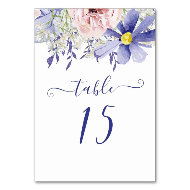 Elegant Pink Purple .Watercolor Floral Wedding  Table Number (Front)