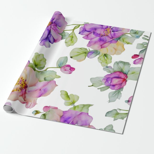 Elegant pink purple watercolor floral wrapping paper (Unrolled)