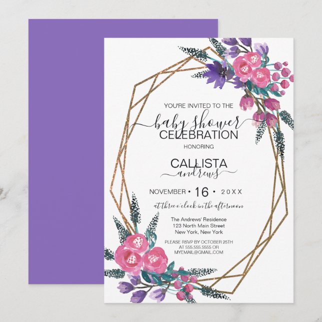 Elegant Pink Purple Watercolor Flowers Baby Shower Invitation (Front/Back)