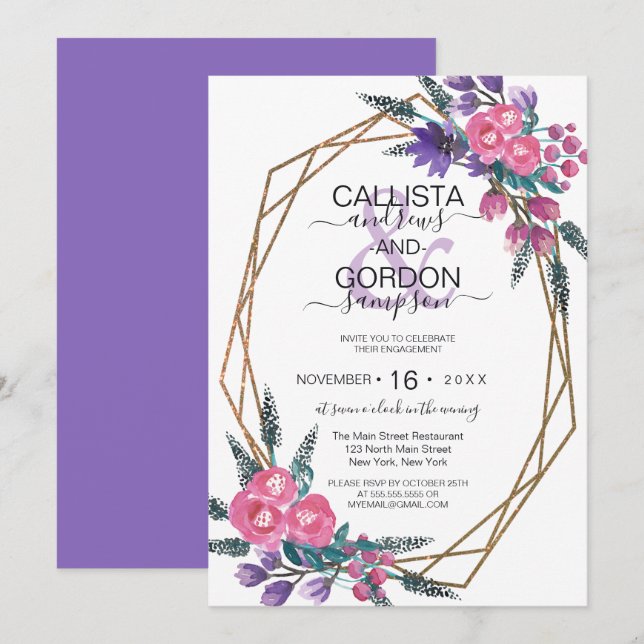 Elegant Pink Purple Watercolor Flowers Engagement Invitation (Front/Back)
