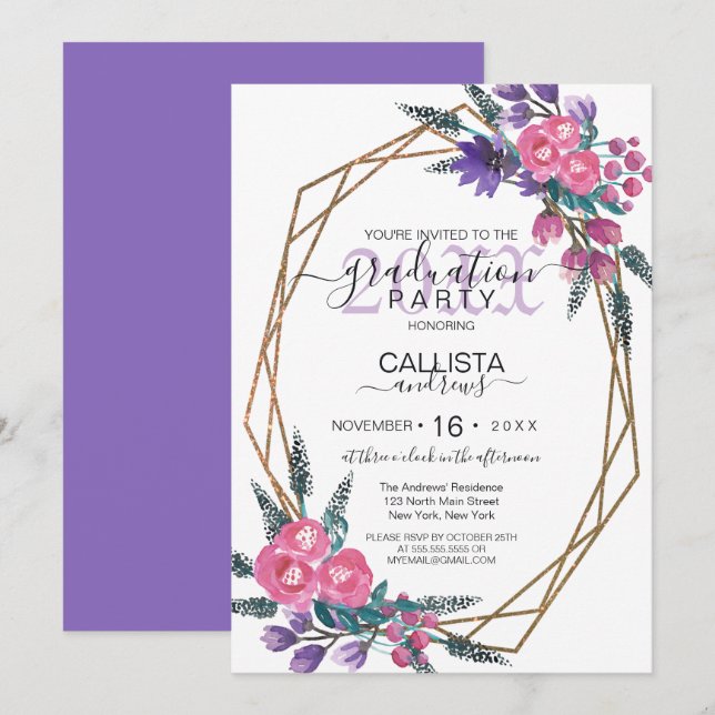 Elegant Pink Purple Watercolor Flowers Graduation Invitation (Front/Back)