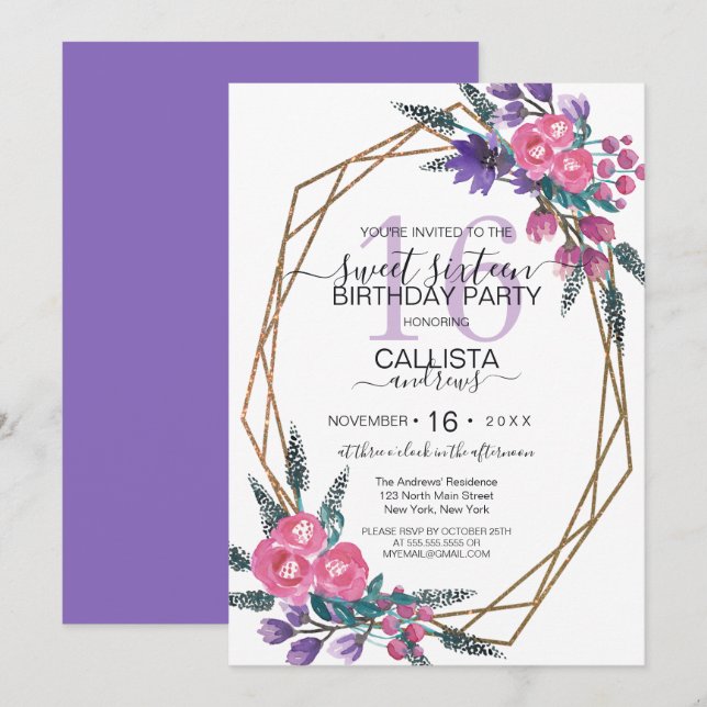 Elegant Pink Purple Watercolor Flowers Sweet 16 Invitation (Front/Back)