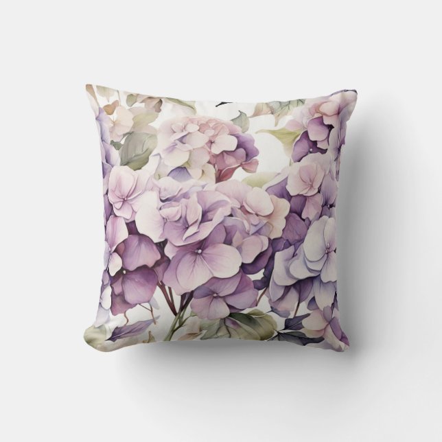 Elegant pink purple watercolor hydrangeas  cushion (Front)