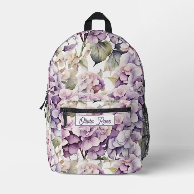 Elegant pink purple watercolor hydrangeas  printed backpack (Front)