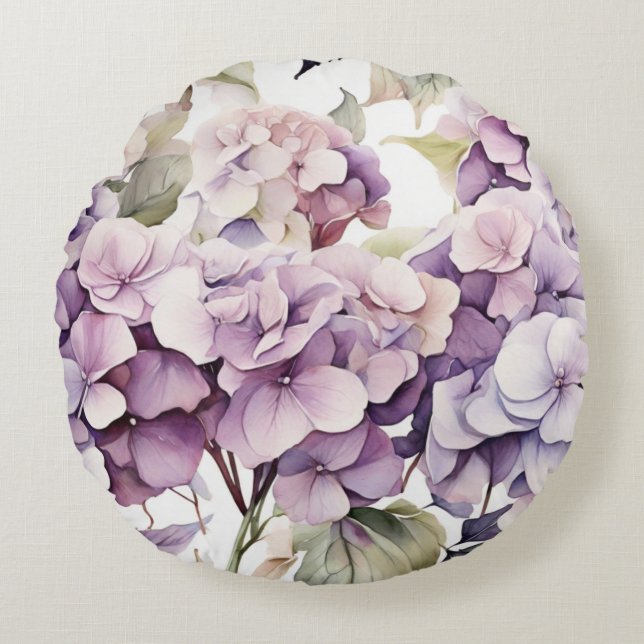 Elegant pink purple watercolor hydrangeas  round cushion (Front)