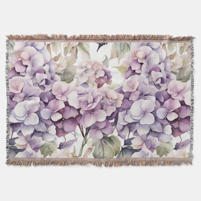 Elegant pink purple watercolor hydrangeas  throw blanket (Front)