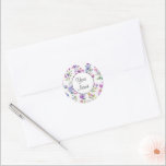 Elegant pink purple watercolor wildflowers  classic round sticker<br><div class="desc">Elegant pink purple watercolor wildflowers greenery - Perfect for spring, summer, or fall events. Beautiful pink wildflower watercolor artwork for country, boho, garden, and floral theme occasions. To get started changing names and event details, click on "Personalise this template" and edit the wording in the template boxes. To access the...</div>