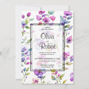 Elegant pink purple watercolor wildflowers  invitation