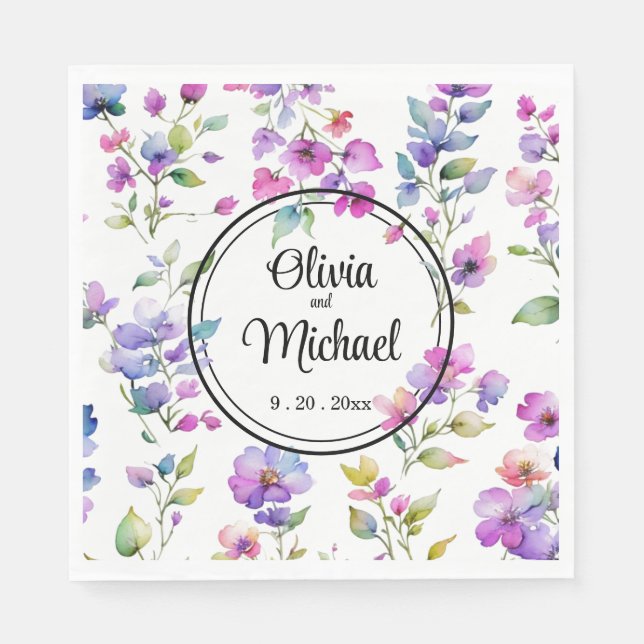 Elegant pink purple watercolor wildflowers  napkin (Front)