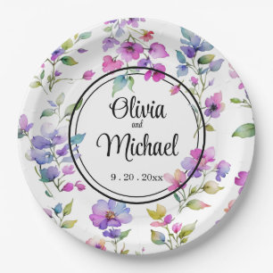 Elegant pink purple watercolor wildflowers  paper plate