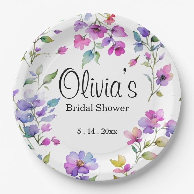 Elegant pink purple watercolor wildflowers  paper plate (Front)