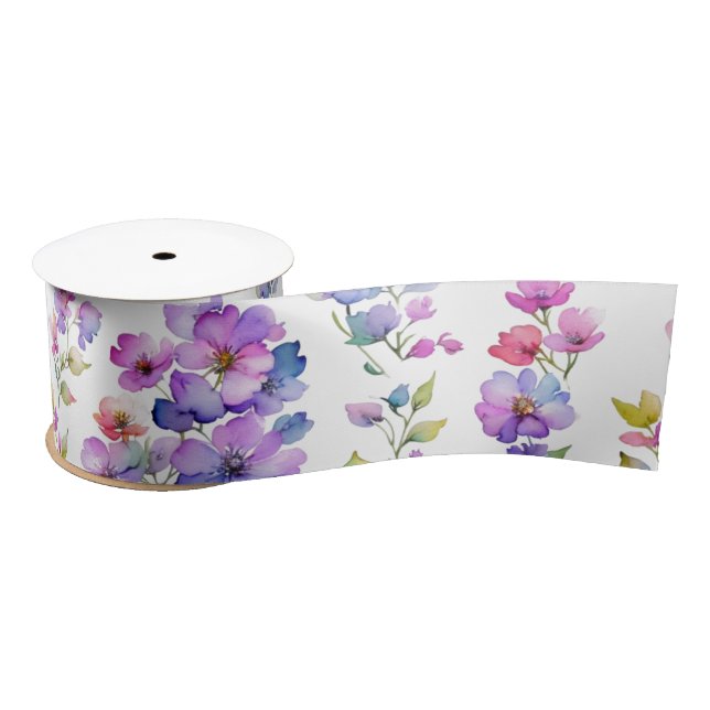 Elegant pink purple watercolor wildflowers  satin ribbon (Spool)