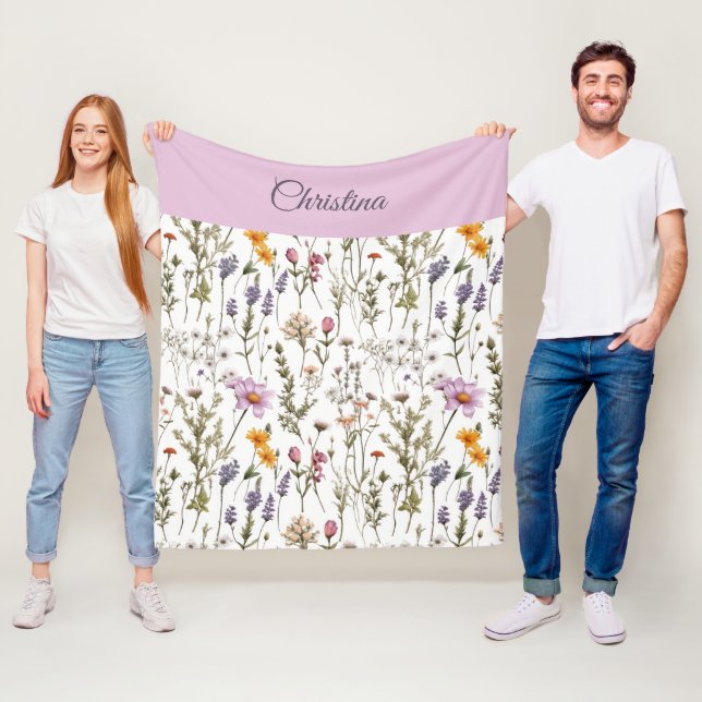 Elegant Pink Purple Wildflower Pattern Custom Name Fleece Blanket (In Situ)