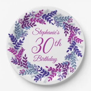 Elegant Pink Purple Wreath 30th Birthday Paper Plate