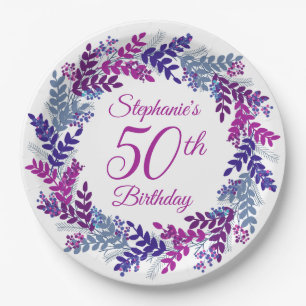 Elegant Pink Purple Wreath 50th Birthday Paper Plate