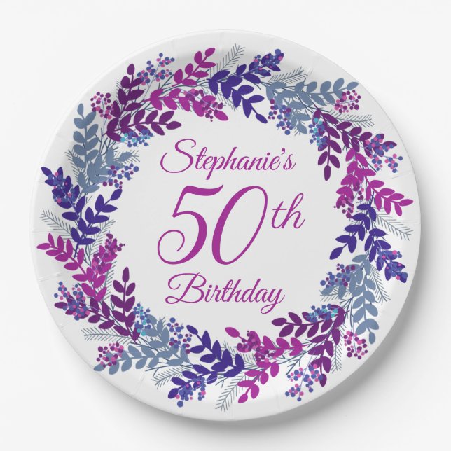 Elegant Pink Purple Wreath 50th Birthday Paper Plate (Front)