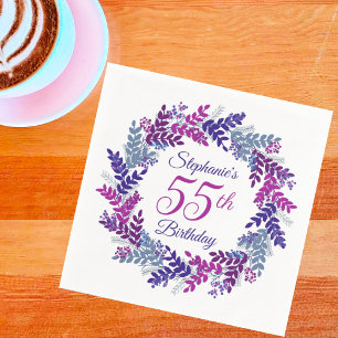 Elegant Pink Purple Wreath 55th Birthday Napkin