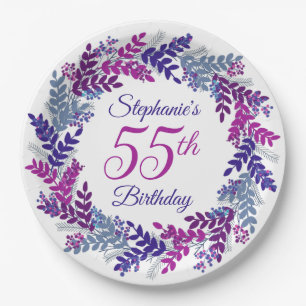 Elegant Pink Purple Wreath 55th Birthday Paper Plate