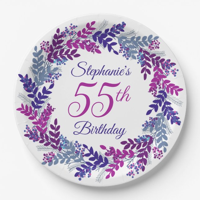 Elegant Pink Purple Wreath 55th Birthday Paper Plate (Front)