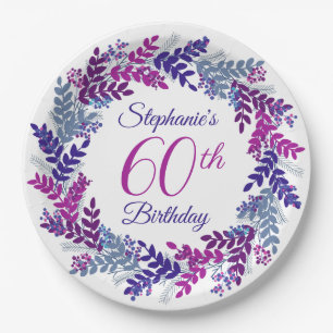 Elegant Pink Purple Wreath 60th Birthday Paper Plate