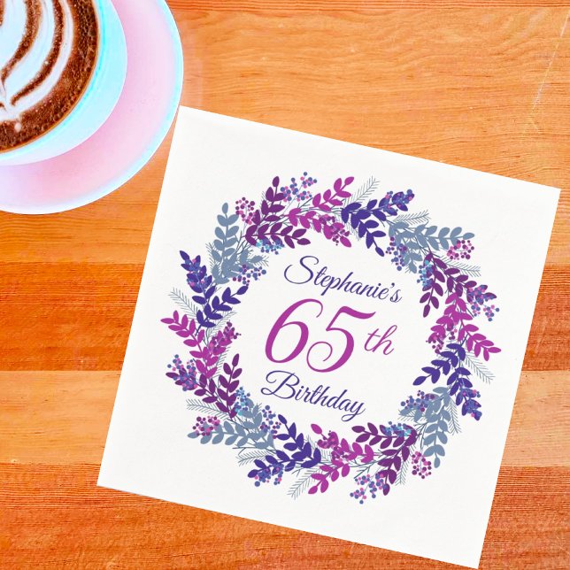Elegant Pink Purple Wreath 65th Birthday Napkin (Creator Uploaded)