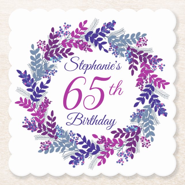 Elegant Pink Purple Wreath 65th Birthday Paper Coaster (Front)