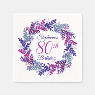 Elegant Pink Purple Wreath 80th Birthday Napkin