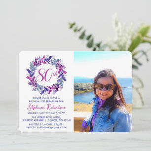 Elegant Pink Purple Wreath 80th Birthday Party Invitation
