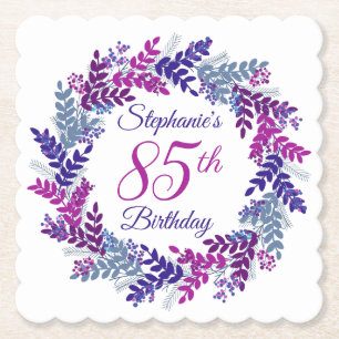 Elegant Pink Purple Wreath 85th Birthday Paper Coaster