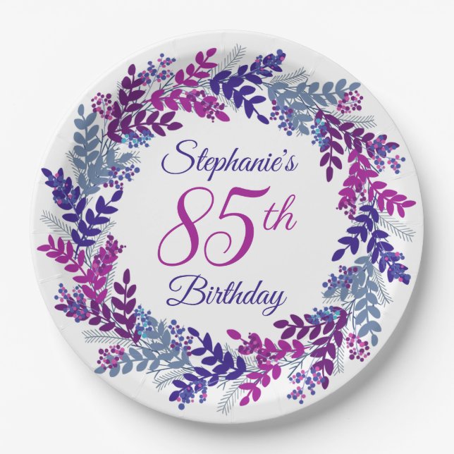 Elegant Pink Purple Wreath 85th Birthday Paper Plate (Front)
