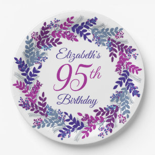 Elegant Pink Purple Wreath 95th Birthday Party Paper Plate