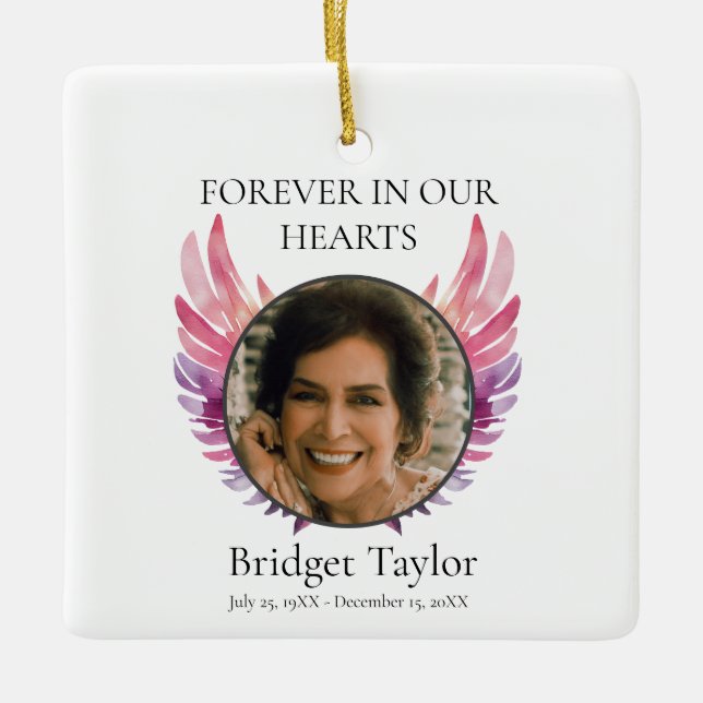 Elegant Pink & Purples Angel Wings Photo Memorial Ceramic Ornament (Front)