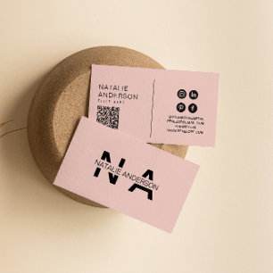 Elegant Pink QR Code Monogram Logo Boho Girly Business Card