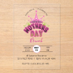Elegant Pink Queen Crown Happy mothers day Brunch Acrylic Invitations
