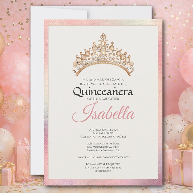 Elegant Pink Quinceanera 15th Birthday Invitation (15th Birthday Elegant Pink Quinceañera invitation. Celebrate a los quince años. Hermosa - beautiful)