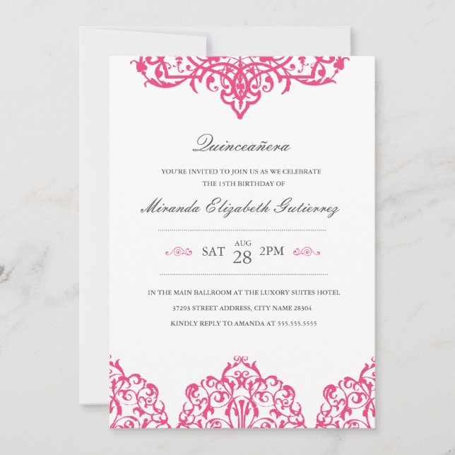 Elegant Pink Quinceañera Invitation (Front)