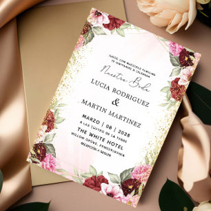 Elegant Pink, Red Floral Gold Spanish Nuestra Boda Invitation