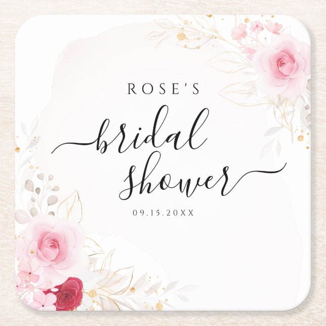 Elegant Pink Red & Gold Floral Bridal Shower Square Paper Coaster (Front)