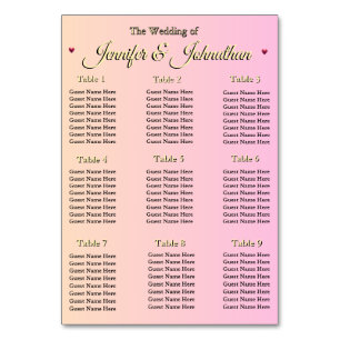 Elegant Pink Red Hearts Wedding Seating Chart Table Number