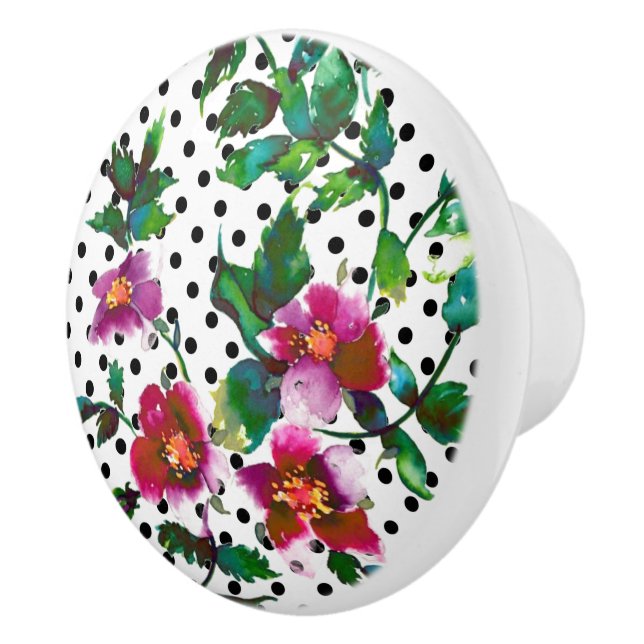 Elegant pink red magenta watercolor roses polkadot ceramic knob (Right)