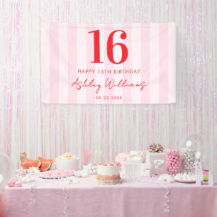 Elegant Pink Red Modern 16th Birthday Banner