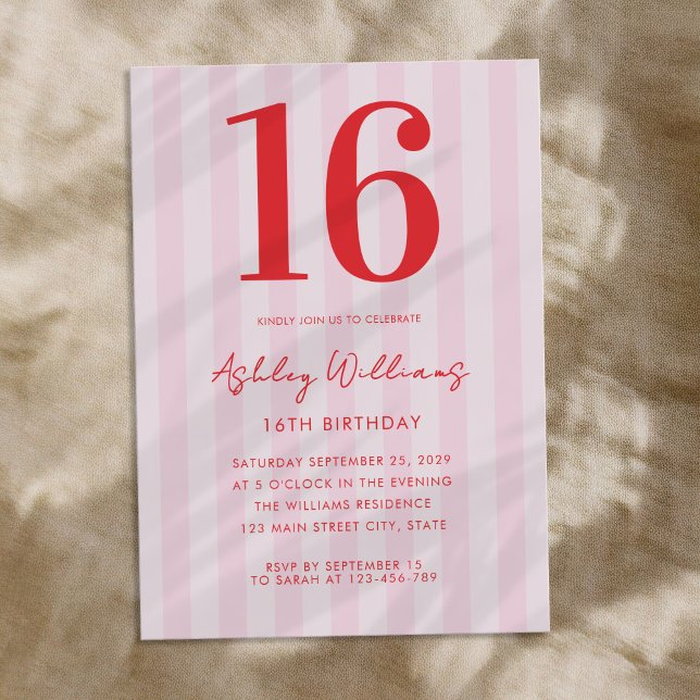 Elegant Pink Red Modern 16th Birthday Invitation (Creator Uploaded)