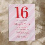 Elegant Pink Red Modern 16th Birthday Invitation<br><div class="desc">Create your own personalised 16th birthday invitations featuring modern typography and striped pink pattern background</div>