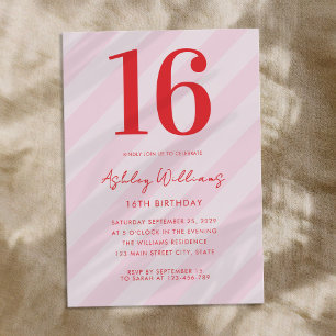 Elegant Pink Red Modern 16th Birthday Invitation