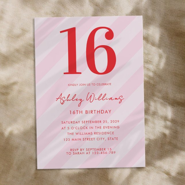 Elegant Pink Red Modern 16th Birthday Invitation (Creator Uploaded)