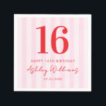 Elegant Pink Red Modern 16th Birthday Napkin<br><div class="desc">Create your own personalised 16th birthday party napkins featuring modern typography and striped pink pattern background</div>