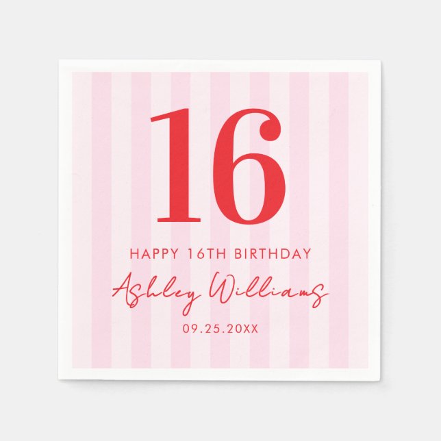 Elegant Pink Red Modern 16th Birthday Napkin (Front)